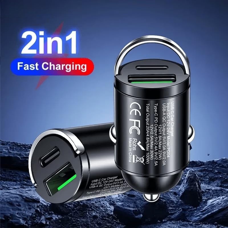 66W Car Fast Charger Dual USB-A USB-C Mini Metal Ring Design Stable Power Protection for Smartphones GPS Tachographs, Black - color: Black