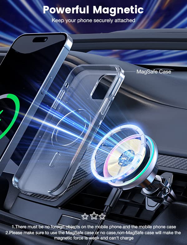 MOKPR for Magsafe Car Mount Charger-Wireless Car Charger-Magnetic Car Phone Holder for Dash Air Vent-LED RGB HandsFree Car Mount Fast Car Charger for iPhone 16 15/14/13/12 Series with QC 3.0 Adapter - color: Brigh Black