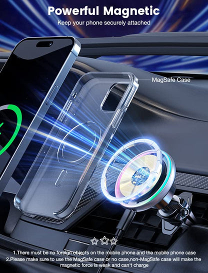 MOKPR for Magsafe Car Mount Charger-Wireless Car Charger-Magnetic Car Phone Holder for Dash Air Vent-LED RGB HandsFree Car Mount Fast Car Charger for iPhone 16 15/14/13/12 Series with QC 3.0 Adapter - color: Brigh Black