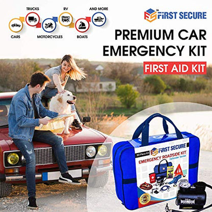 Car Emergency Kit with Air Compressor, Jumper Cables, First Aid, Tow Strap, Tire Gauge, Headlamp – Roadside Safety Kit for Women, Men, Teens - color: Blue