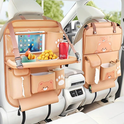 Car Organizer for Back Seat - Bear Design Storage Bag with Multi-Pockets, Kick Mat, Cup Holder, Trash Can, Table & Phone Holder | PU Leather, Waterproof, Easy Clean Car Accessories