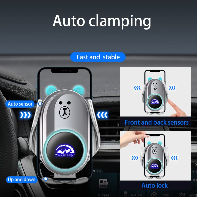 Phone Mount for Car Wireless Charger Auto Clamping with Rotatable Vent Clip Cute Bear for iPhone Samsung Andriod Phone - style: Silver bear