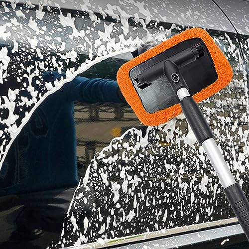 Ziciner Car Windshield Cleaner, Microfiber Auto Cleaning Wiper with Aluminum Extendable Handle and 2 Washable Reusable Cloth Pad Head, Vehicle Interior Exterior Cleaner Kit (Orange-Rectangle) - size: Orange-rectangle