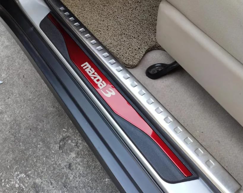 TundraFlow Door Sill Strip for Mazda 3 2018-2025 2026 Accessories Universal Rubber Anti-Scratch Threshold Guards Stainless Scuff Plates Protector Sticker Cover 4pcs RED