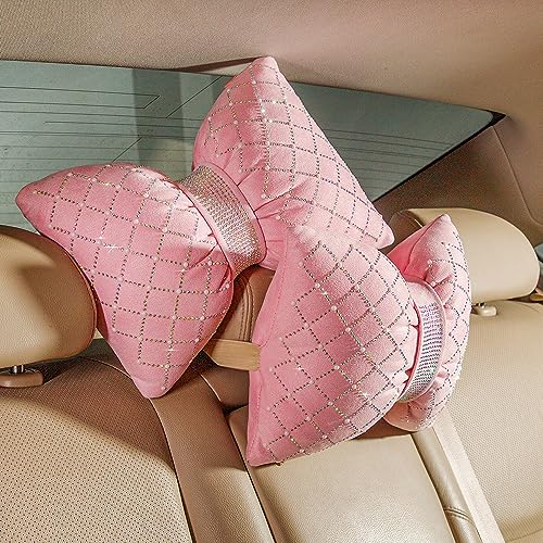Carwales Car Headrest Pillow Pink Sparkly Bling Rhinestone Accessories for Women Bow Seat Neck Support Pillow for Travel Driver Chair Head Rest 2pcs - color: Pink