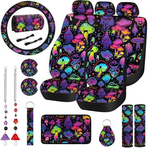 Riakrum 17 Pcs Mushroom Car Seat Covers Mushroom Car Accessories Full Set for Women Men Automotive Rear Front Seat Protector View Mirror Hanging Ornament Steer Wheel Belt Cover(Cool Mushroom) - style: Cool Mushroom