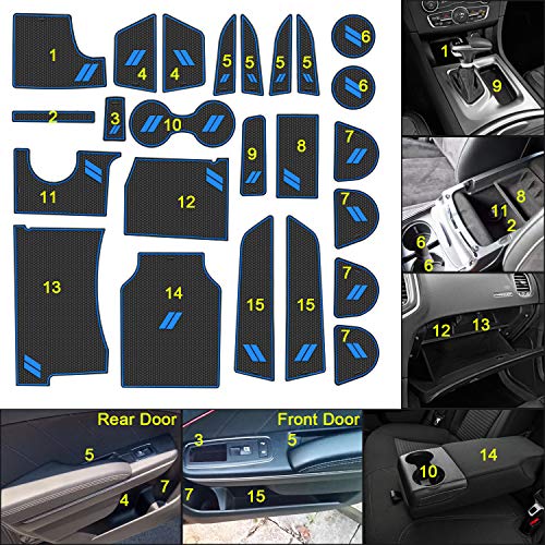 Fits Dodge Charger Accessories 2015-2023, Cup Holder Insert Center Console Shifter Liner Trim Interior Door Pocket Mats Pad (24pcs Set, Blue Trim) - color: Blue