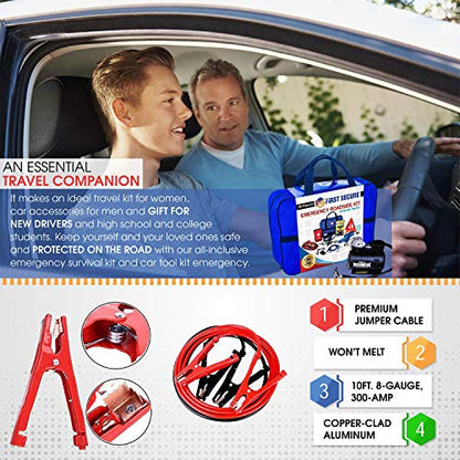 Car Emergency Kit with Air Compressor, Jumper Cables, First Aid, Tow Strap, Tire Gauge, Headlamp – Roadside Safety Kit for Women, Men, Teens - color: Blue