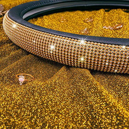 CAR Pass Rhinestones Diamond Bling Steering Wheel Cover, Universal Fit for SUV,Vans,Sedan,Car,Truck 14.5-15inch Universal Fit (Golden) Crystal Glitter for Women Sparkle Girly Sparkling Gold Shining - color: Gold Diamond