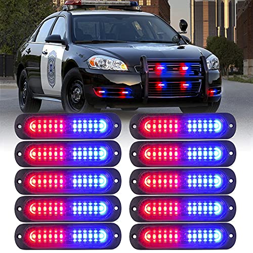 Xprite Red Blue LED Emergency Strobe Lights Kit, Surface Flush Mount Grill Grille Hazard Warning Safty Flashing Police Light for Volunteer Vehicles Off-Road Trucks Cars SUV ATV UTV Motorcycle - 10PCS - color: Red Blue, size: 10PCS
