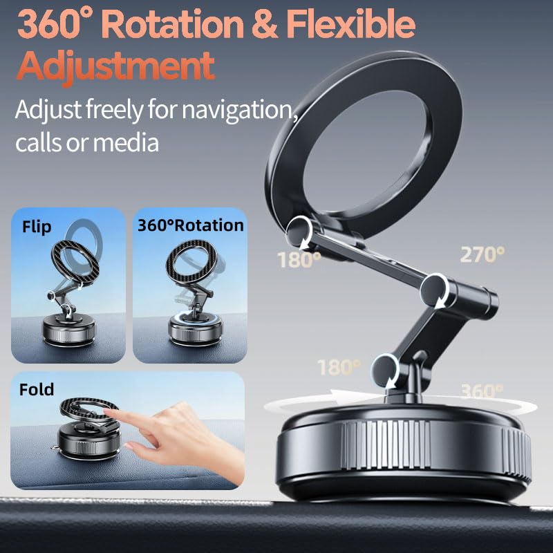 Compatible MagSafe Car Mount - GEATEE Vacuum Magnetic Phone Holder for Car, 360° Adjustable Foldable Car Dash Mount, Reinforced 110+LBS Suction Phone Mount for iPhone 17/16/15/14/13/12&Android, Carbon - color: Carbon Fiber