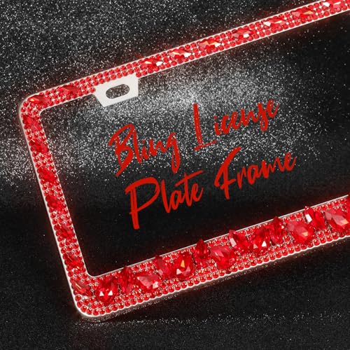 OKLPF Single Luxury Rhinestone License Plate Frame – Elegant Bling with Glitter Crystals, Anti-Theft Screws & Gift Box, Fits Standard US Plates(Red) - color: Red, size: 1pc