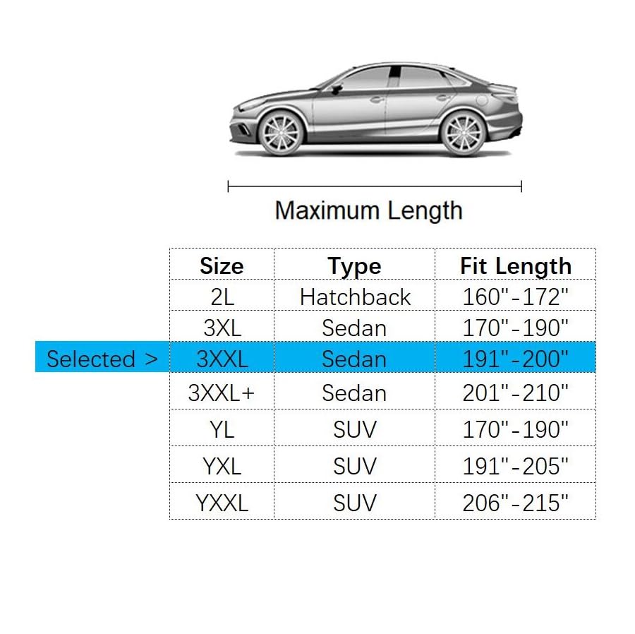 Car Cover Fit for 191-200 inches Length Sedan Waterproof All Weather Outdoor Full Cover Rain Sun UV Protection Driver Side Door Zipper Dirtproof, Scratch Resistant, Breathable, Dustproof - size: 3XXL: Fit 191-200 inches Sedan