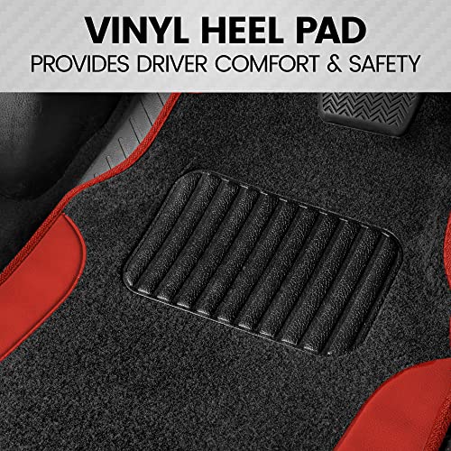 BDK Carpet Floor Mats for Cars, Two-Tone Carpet Car Mat with Faux Leather Accents, Automotive Floor Mat Sets with Built-in Heel Pad, Stylish Interior Car Accessories Red
