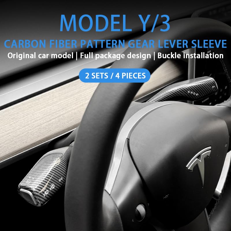 FOAN Steering Lever Cover, Carbon Fiber Car Gear Shift Lever Covers Compatible with Tesla Model 3/Y, Full Protection Gear Shift Cover Accessories, 4PCs, White - color: White