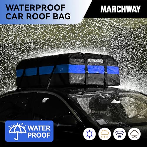 MARCHWAY Waterproof Car Roof Luggage Bag, Weatherproof Soft Shell Rooftop Cargo Carrier Bag for Vehicles with or Without Rack. 6 Door Hooks, Anti Slip Mat, Lock Included (21 Cubic Feet, Blue) - size: 21 Cubic Feet, Blue