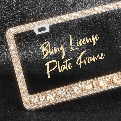 OKLPF Single Luxury Rhinestone License Plate Frame – Elegant Champagne Bling with Glitter Crystals, Anti-Theft Screws & Gift Box, Fits Standard US Plates(Champagne) - color: Champagne, size: 1pc