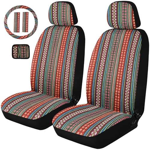 Baja Saddle Blanket Car Seat Covers, Boho Striped Woven Front Seat Protectors, Breathable & Washable Interior Covers, Universal Fit for Most Cars SUVs Trucks, Airbag Compatible, Flower, 8 pcs. - color: FLOWER&RED