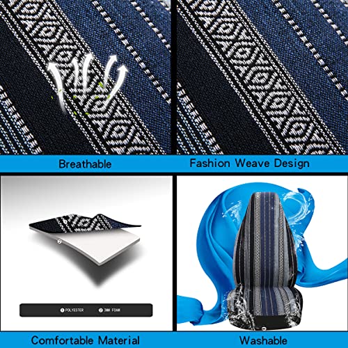 Baja Saddle Blanket Car Seat Covers 2PCS Front, Breathable and Washable Striped Woven Automotive Vehicle Seat Cover, Universal Seat Cover for Sedan, SUV, Truck, Airbag Compatible - color: High Back Blue Baja, size: Front