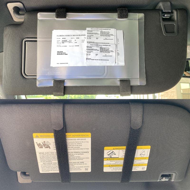 Car Accessories - Registration and Insurance Card Holder Visor Elastic Hook & Loop Straps, Side Opening Auto Document Holder, Made in USA (2 Black Straps + Vinyl Holder) - color: Black/Black