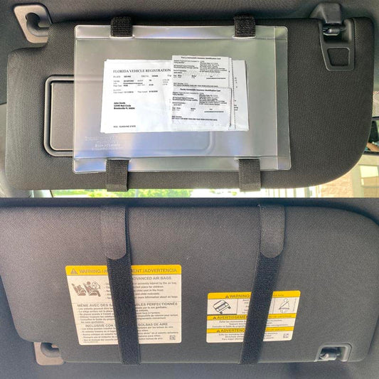 Car Accessories - Registration and Insurance Card Holder Visor Elastic Hook & Loop Straps, Side Opening Auto Document Holder, Made in USA (2 Black Straps + Vinyl Holder) - color: Black/Black