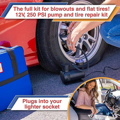 Car Emergency Kit with Air Compressor, Jumper Cables, First Aid, Tow Strap, Tire Gauge, Headlamp – Roadside Safety Kit for Women, Men, Teens - color: Blue