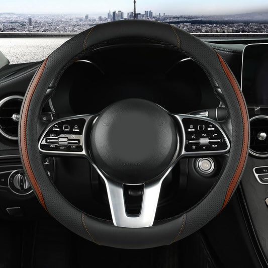 Car Steering Wheel Cover, Leather Steering Wheel Cover Brown Universal 14.5-15 Inch Microfiber Leather Anti-Slip Breathable Auto Steering Wheel Covers for Men Women (Black&Brown) - color: Brown