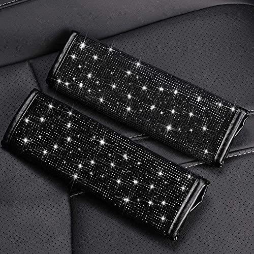 Seat Belt Pads 2-Pack Bling Seat Belt Covers Soft PU Leather Crystal Seat Belt Shoulder Pads Rhinestone Bling Car Accessories For Women (Black) - color: Black