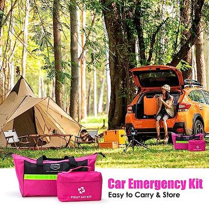 CALBEAU Roadside Emergency Car Kit for Vehicles, Pink Emergency Roadside Assistance kit with Car First Aid Kit, Thoughtful Car Emergency Kit for Women, Men, New Drivers and Adventurers Gifts