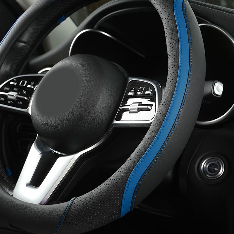 Car Steering Wheel Cover, Leather Steering Wheel Cover Blue Universal 14.5-15 Inch Microfiber Leather Anti-Slip Breathable Auto Steering Wheel Covers for Men Women (Black&Blue-2) - color: Blue-2A
