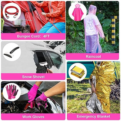Roadside Emergency Car kit for Vehicles, with 4 in 1 Inflatable Car Vacuum Cleaner, Pink Jumper Cables, First Aid Kit, Tow Rope, Vehicle Road Trip Must Haves Pink Accessories for Women