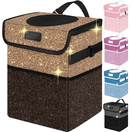 Cute Mini Car Trash Bag with Lid, Glitter Garbage Can Bin Hanging for Back/Front Seat/Console, Waterproof, Leakproof, 2.5 Gallon, Brown Bling Sparkly - color: Brown Bling Sparkly