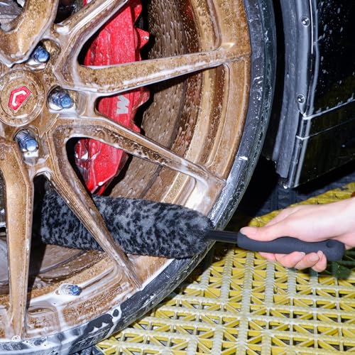 oesee Refined Long Handle Car Wheel Brush Arsenal, Soft Wheel and Rim Brush,Tire Brush, Bendable & Durable Car Wheel Rim Cleaner Brush Set for Cleaning Wheel and Tire, Large, Grey & Black - size: 4 Packs