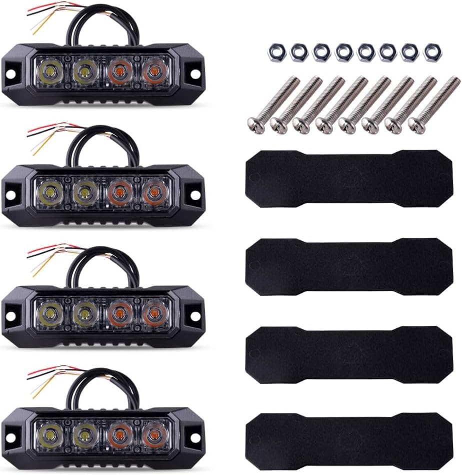 4PCS LED Emergency Strobe Lights 4 LED Amber White Surface Mount Flashing Lights Emergency Strobe Grille Beacon Hazard Warning Lights for Trucks Car Vehicles Trailer ATV RV SUV Tow 12V-24V - color: Amber/White