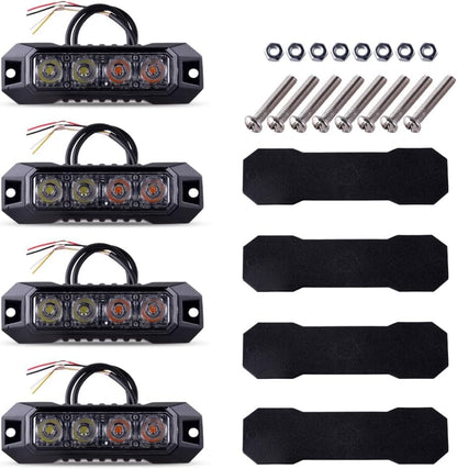 4PCS LED Emergency Strobe Lights 4 LED Amber White Surface Mount Flashing Lights Emergency Strobe Grille Beacon Hazard Warning Lights for Trucks Car Vehicles Trailer ATV RV SUV Tow 12V-24V - color: Amber/White