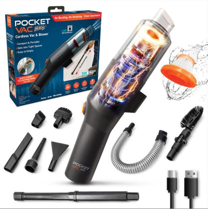 Pocket Vac Reach Handheld Vacuum w/ 3ft Extension Wand – Cordless 2-in-1 Blower & Portable Car Vacuum Cleaner, Mini Hand Vacuum for Furniture, Keyboard & Tight Spaces - w/ 8-Piece Attachment Kit