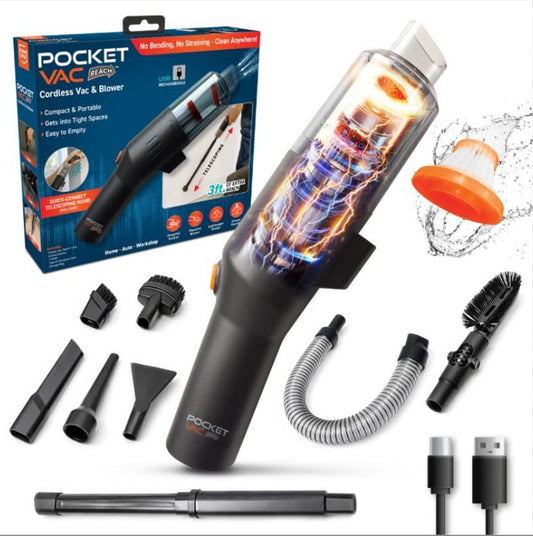 Pocket Vac Reach Handheld Vacuum w/ 3ft Extension Wand – Cordless 2-in-1 Blower & Portable Car Vacuum Cleaner, Mini Hand Vacuum for Furniture, Keyboard & Tight Spaces - w/ 8-Piece Attachment Kit
