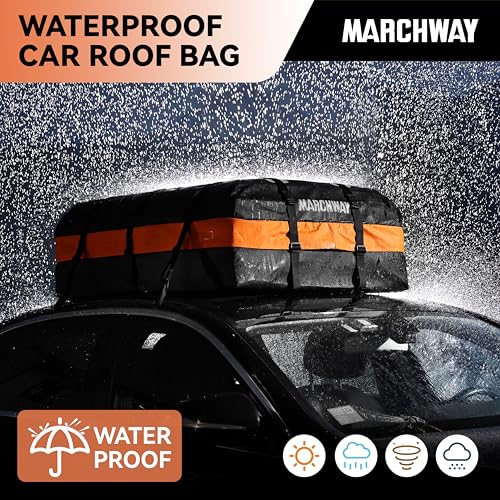 MARCHWAY Waterproof Car Roof Luggage Bag, Weatherproof Soft Shell Rooftop Cargo Carrier Bag for Vehicles with or Without Rack. 6 Door Hooks, Anti Slip Mat, Lock Included (15 Cubic Feet, Orange) - size: 15 Cubic Feet, Orange