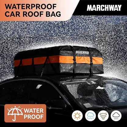 MARCHWAY Waterproof Car Roof Luggage Bag, Weatherproof Soft Shell Rooftop Cargo Carrier Bag for Vehicles with or Without Rack. 6 Door Hooks, Anti Slip Mat, Lock Included (15 Cubic Feet, Orange) - size: 15 Cubic Feet, Orange