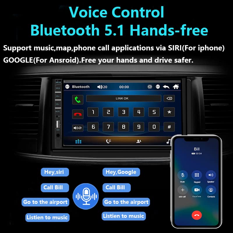 Naifay Double Din Car Stereo Compatible with Apple Carplay and Android Auto, 7 inch HD Touchscreen Car Radio Car Audio Receivers, Bluetooth, Backup Camera, Mirror Link, USB/AUX/TF/Subwoofer, FM Radio - color: with CarPlay & Android Auto