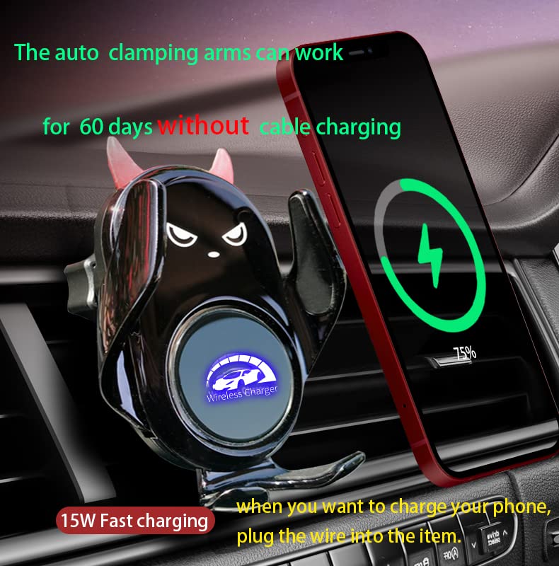Car Phone Holder Mount Wireless Charging Auto Clamping with Rotatable Vent Clip Cute Demon for iPhone Samsung Galaxy Andriod Phone - style: Dark demond