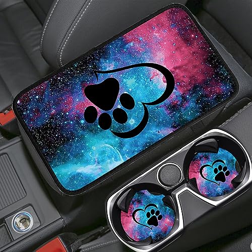 Auto Center Console Cover Pad+ 2 Coasters, Stylish Pattern Soft Car Armrest Cover Auto Center Console Pad, Car Decorative Accessory Universal Fit for Most Car/SUV/Truck, Galaxy Paw Print - color: Galaxy Paw Print