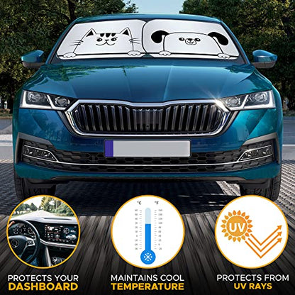 EcoNour Windshield Sun Shade Cartoon Design Medium Size (31" L x 28" W), Funny Printed Car Sunshade Foldable, 240T Polyester Blocks Heat and UV Rays for Front Window Protection - size: Medium-silver