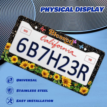 Blessed Sunflower License Plate Frame Christian License Plate Holder Personalise Stainless Steel Funny Design Compatible with Standard License Plate Frames for USA and Canada 6 X 12 Inch with Screws - color: Blessed Sunflower