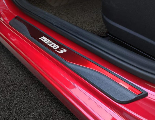 TundraFlow Door Sill Strip for Mazda 3 2018-2025 2026 Accessories Universal Rubber Anti-Scratch Threshold Guards Stainless Scuff Plates Protector Sticker Cover 4pcs RED