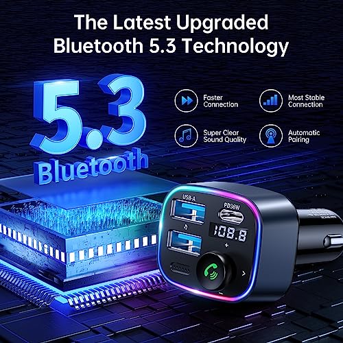 SYNCWIRE Bluetooth 5.3 FM Transmitter Car Adapter 38W [Light Switch] [HiFi Bass Sound] [Fast Charging] Wireless Radio Music Adapter LED Display Hands-Free Calling Support USB Drive - color: Dark Blue, style: 38W