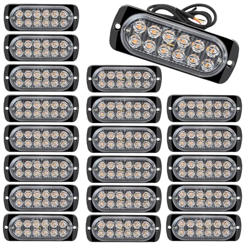 20 Pcs Aluminum LED Strobe Light– 12 LEDs Per Light | 18 Flash & Steady Modes | Amber/White Dual-Color Warning Lights | IP65 Waterproof – Ideal for Trucks, Trailers & Towing Vehicles - color: Amber/White, size: 20 Packs