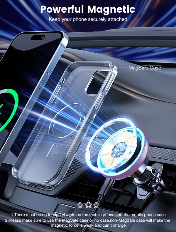 MOKPR for Magsafe Car Mount Charger-15W Wireless Car Charger-Magnetic Car Phone Holder for Dash Air Vent-LED RGB HandsFree Car Mount Fast Car Charger for iPhone 14/13/12 Series - color: Purple