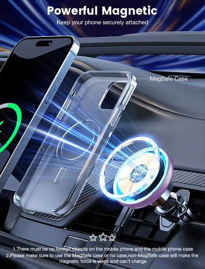 MOKPR for Magsafe Car Mount Charger-15W Wireless Car Charger-Magnetic Car Phone Holder for Dash Air Vent-LED RGB HandsFree Car Mount Fast Car Charger for iPhone 14/13/12 Series - color: Purple