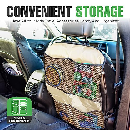 lebogner Back Seat Cover for Kids + 4 Pocket Storage Organizer, 2 Pack Kick Mats Backseat Protector, Car Accessories Waterproof Kick Guard for Vehicles to Protect from Dirt, Mud & Scratches, Beige